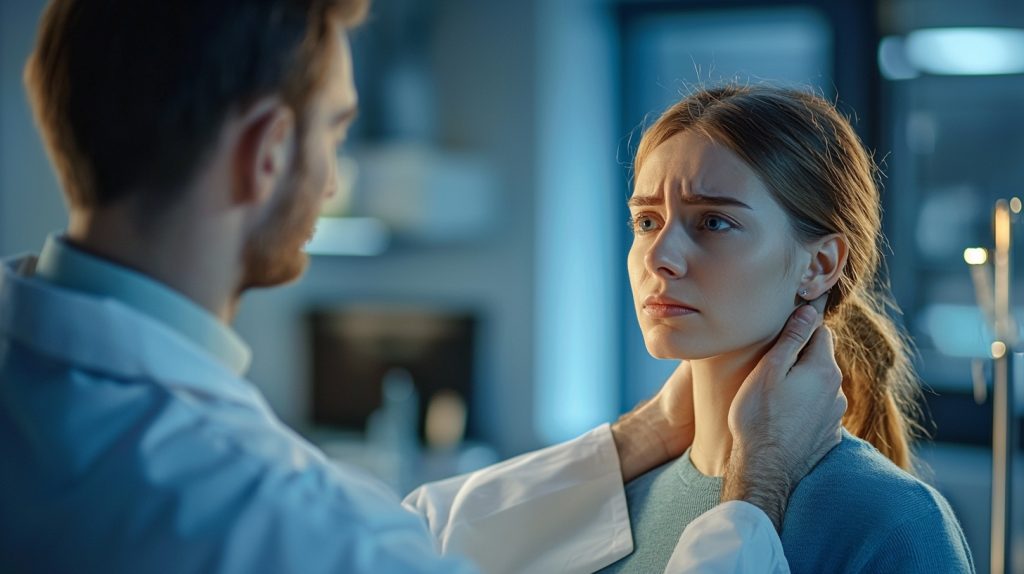 A person undergoing a medical checkup after a rear-end accident, with a doctor examining their neck.