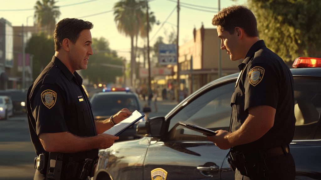 A police officer writing a report after a rear-end accident with both cars in the background.