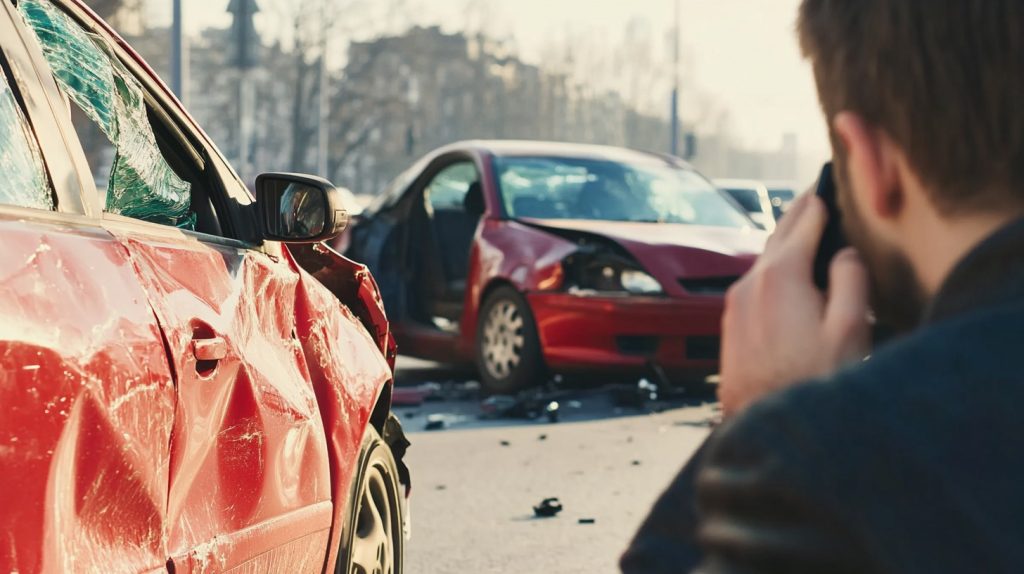 Driver calling insurance after a car accident in a busy street, damaged cars in the background.