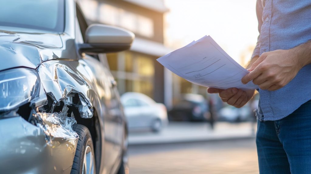 A driver reviewing their car insurance policy outside an urgent care center after a minor car accident.