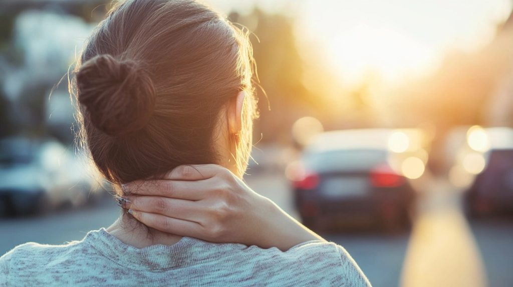 Individual experiencing neck pain from whiplash after a car accident, waiting outside an urgent care center.