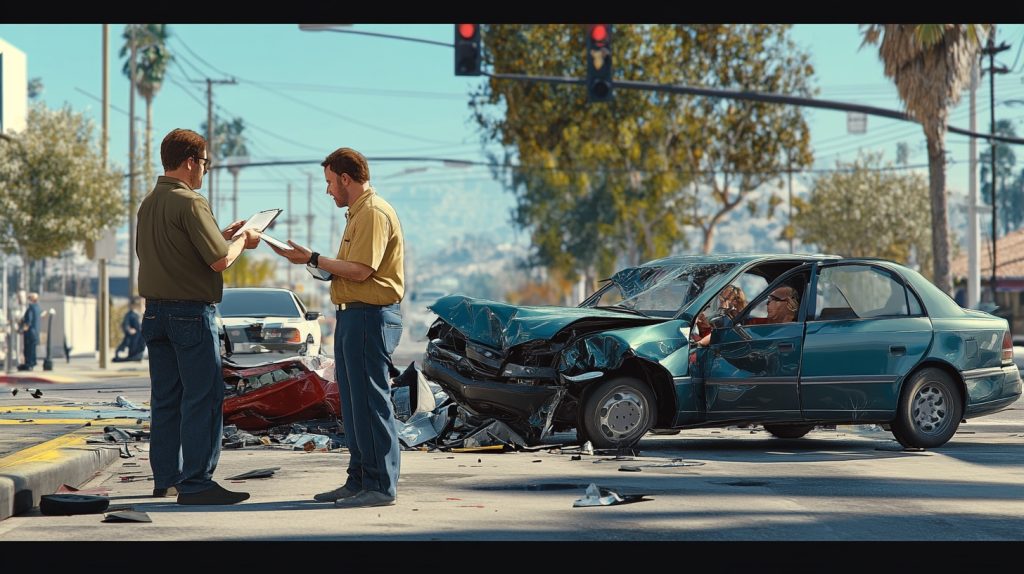 A driver exchanging insurance information with a rideshare driver after a car accident in San Bernardino.