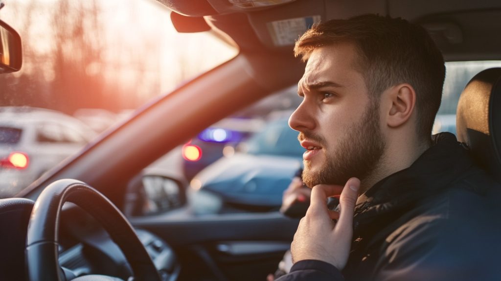 A stressed driver calling their insurance company after a car accident with police vehicles nearby.