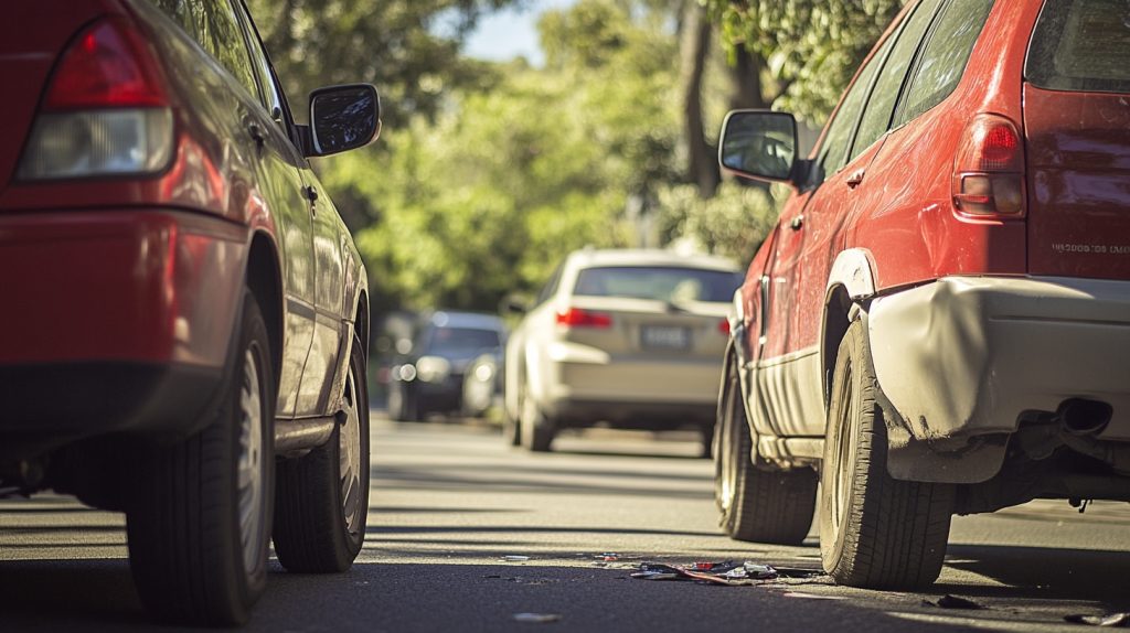 Drivers exchanging information after a minor accident, one checking their newly obtained insurance policy.