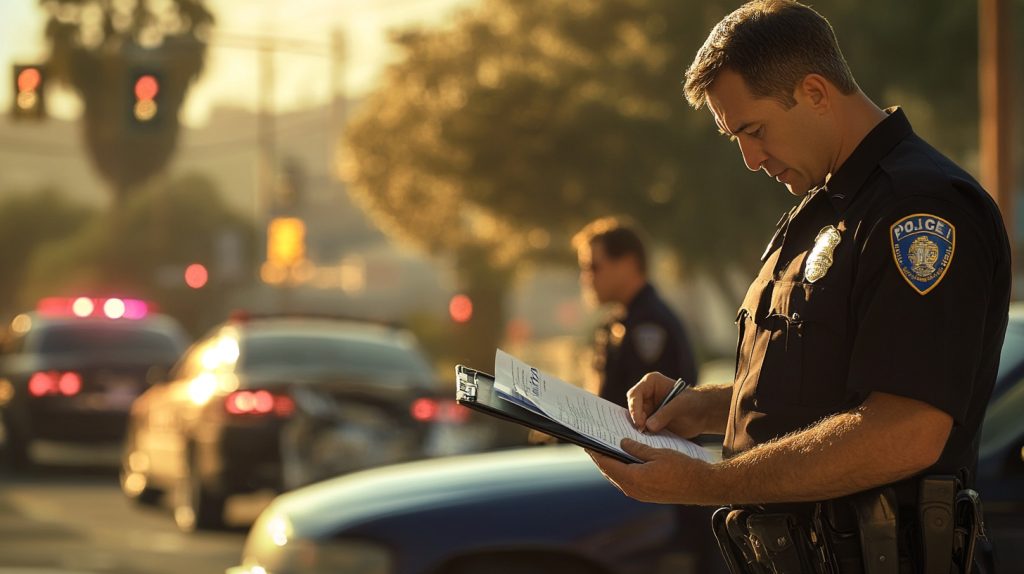 A police officer writing a report for a rideshare accident in San Bernardino, with damaged cars in the background.