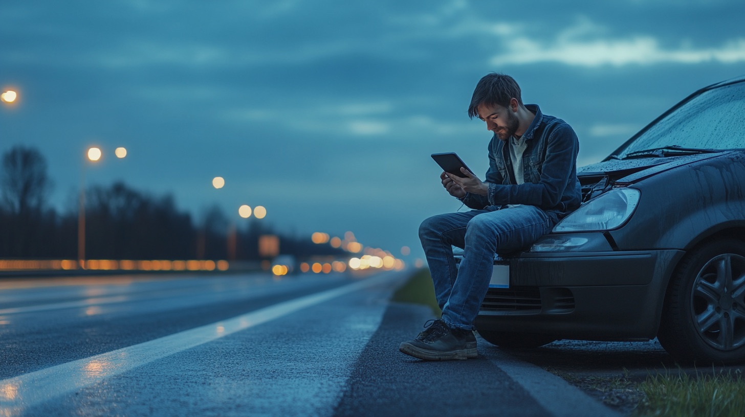 A driver stranded after an accident reviewing same-day insurance quotes on a tablet by their broken-down car.