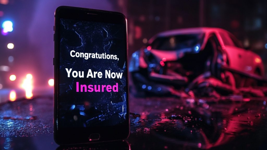 Smartphone showing an insurance confirmation screen, damaged car visible in the background at night.