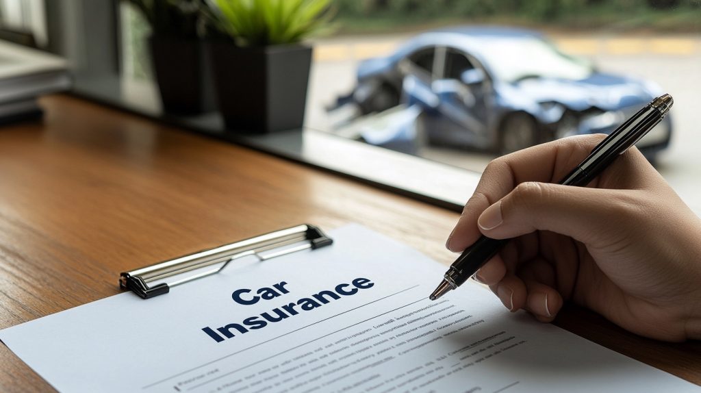 Person signing a same-day car insurance policy after a car accident, visible through a window.