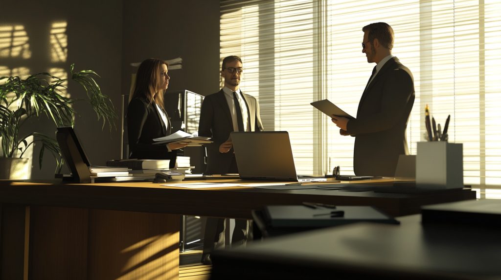 Injured Uber passenger consulting with a lawyer in an office setting, discussing the legal process after the accident.