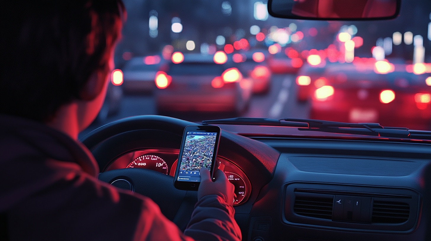 A rideshare driver looking at their app moments before a rear-end collision in heavy traffic in San Bernardino.