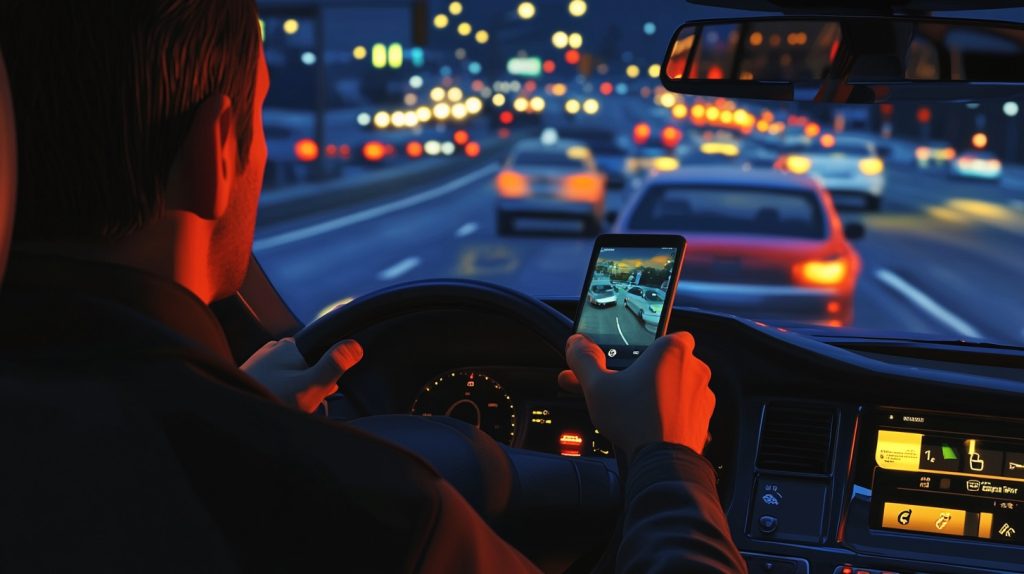 Uber driver distracted by checking the app moments before an accident, with visible traffic and road conditions.