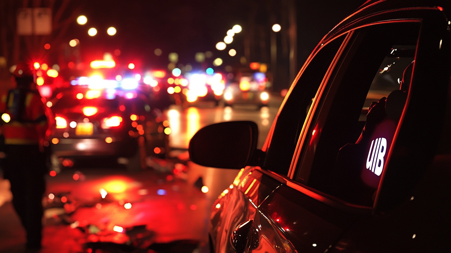 Injured Uber passenger sitting in the backseat after a car accident, looking worried, with emergency responders nearby.