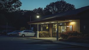 A calm, well-lit urgent care facility at night, ready to provide medical treatment for car accident injuries.