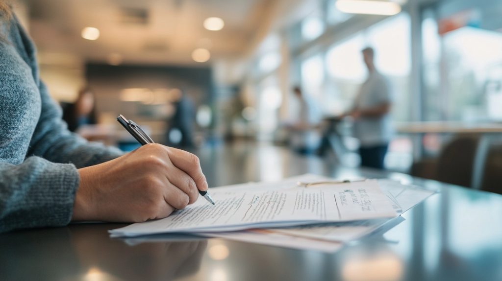 Patient filling out paperwork at an urgent care facility after a car accident, preparing for medical treatment.