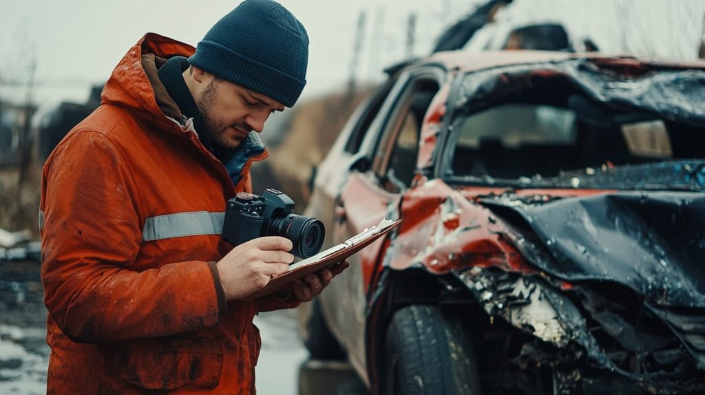 Insurance adjuster taking photos and notes at an accident site, emphasizing their role in evidence gathering.