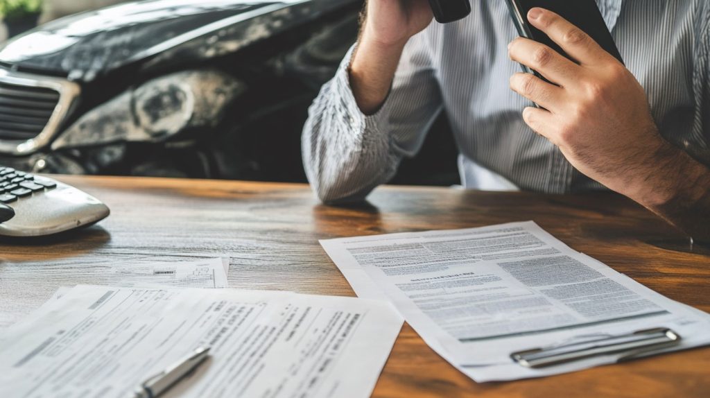 A car accident victim talking to an insurance adjuster on the phone while reviewing accident documents.