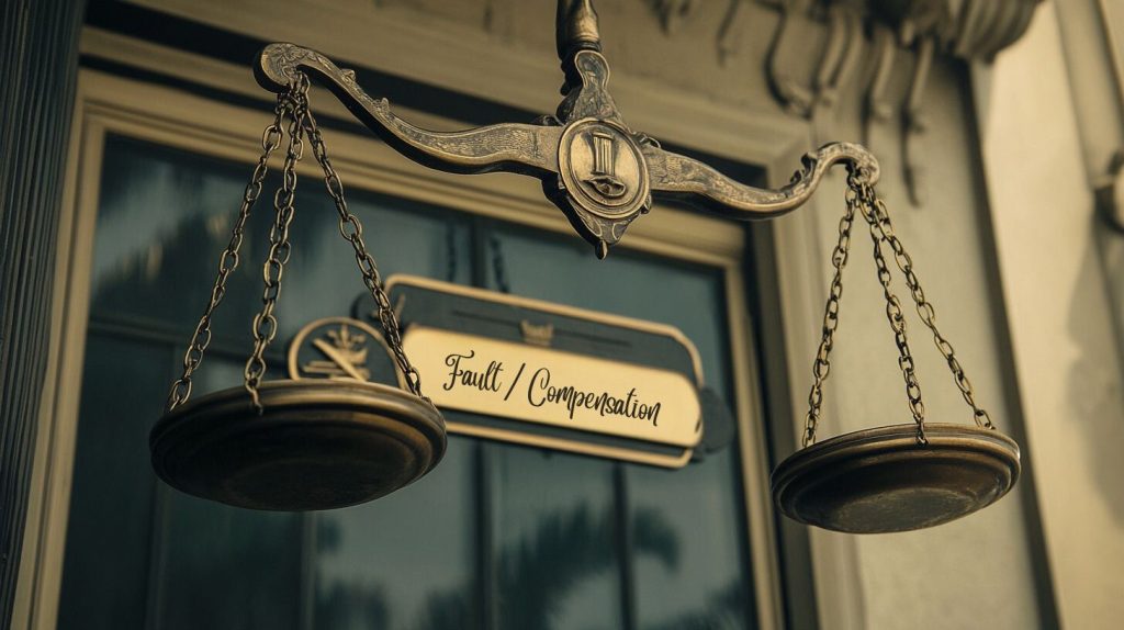 Legal scales with "Fault" and "Compensation" labels, illustrating California’s comparative negligence principle.