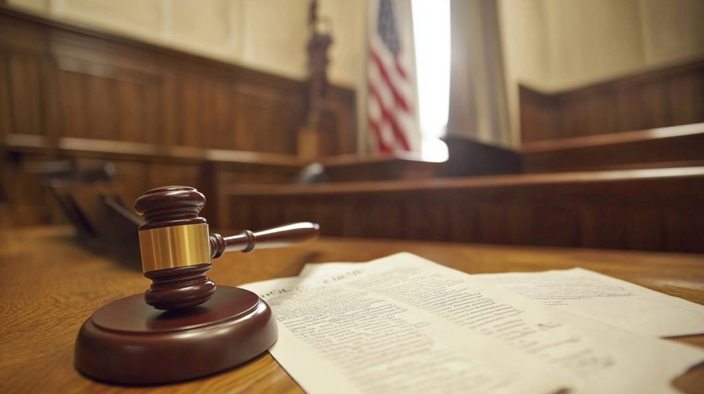 Close-up of a judge’s gavel and legal papers on a desk in a courtroom setting, representing personal injury litigation.