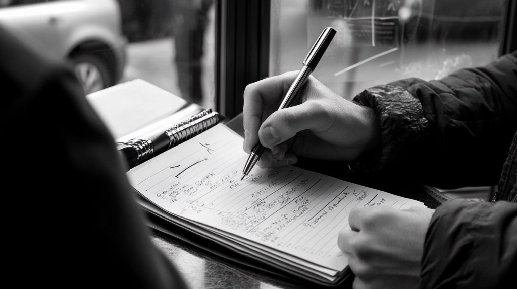 Individual taking notes while speaking on the phone with an insurance company representative, ensuring accurate records of the discussion.