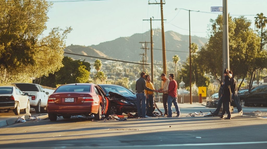 Two drivers calmly exchanging contact and insurance details after a car accident.