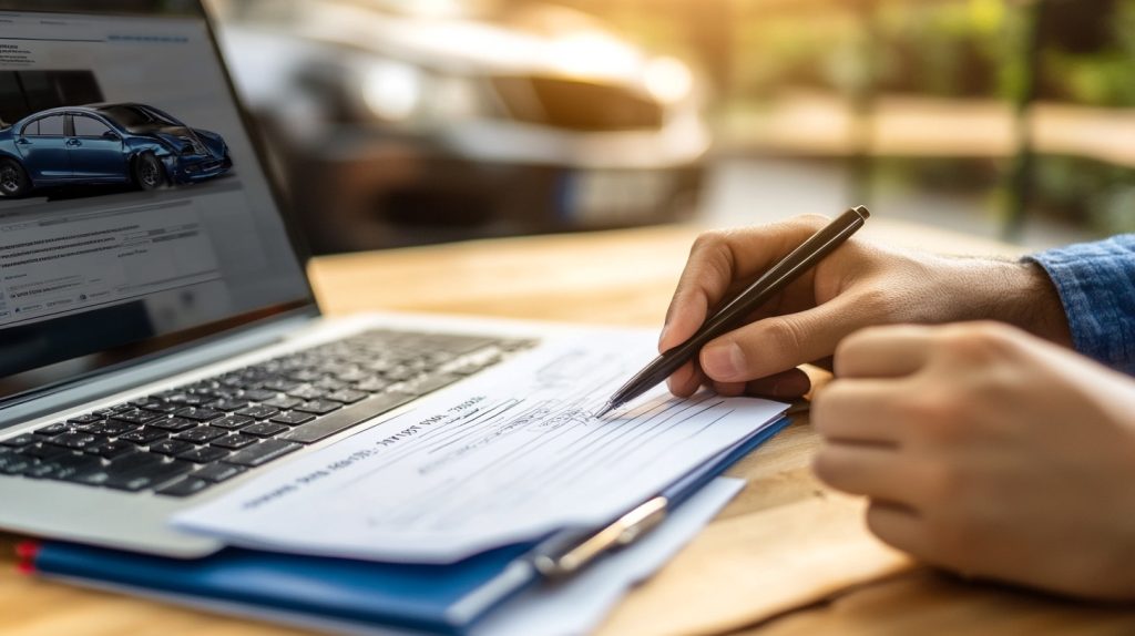 Individual filing an online insurance claim with a laptop, documents, and a police report visible on the desk.