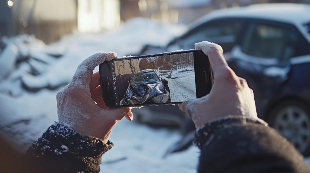 Individual taking photos of a damaged car to document details for an insurance claim.