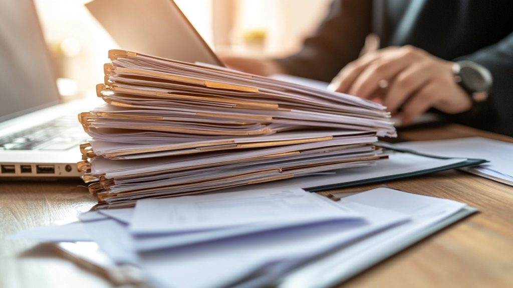 Insurance adjuster reviewing claim documents on a desk, highlighting the professional process of evaluating insurance claims.