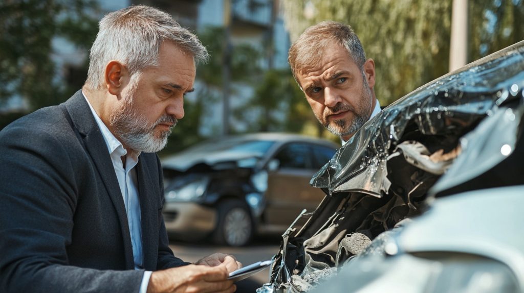 A lawyer speaking with a car accident victim, explaining how to navigate insurance adjuster interactions in San Bernardino and Riverside Counties.