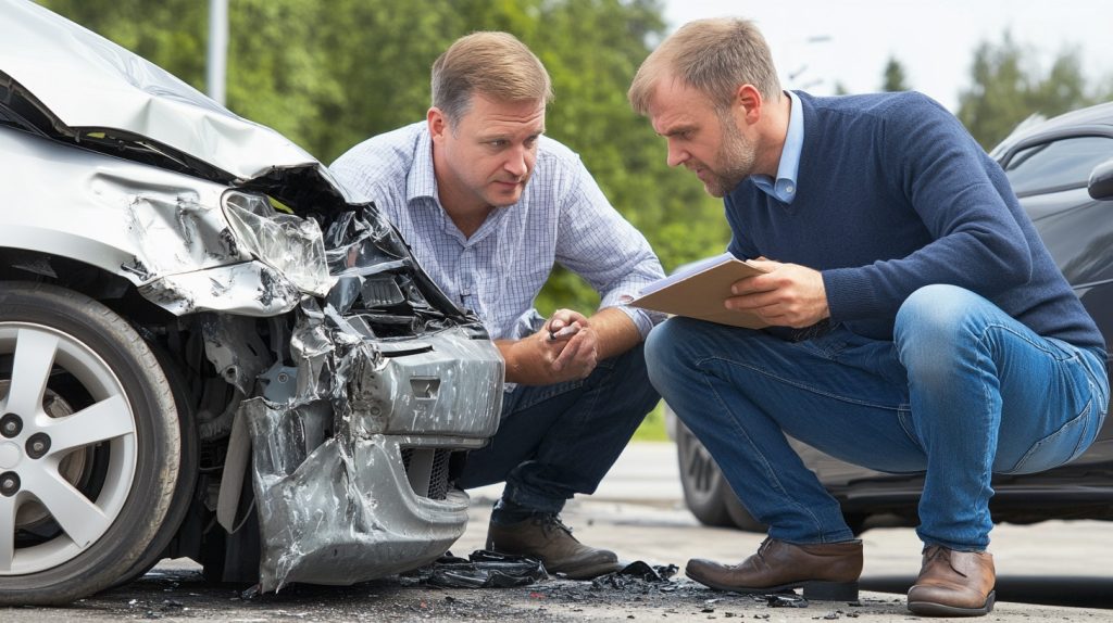 An insurance adjuster presenting a settlement offer to a concerned driver reviewing the terms.