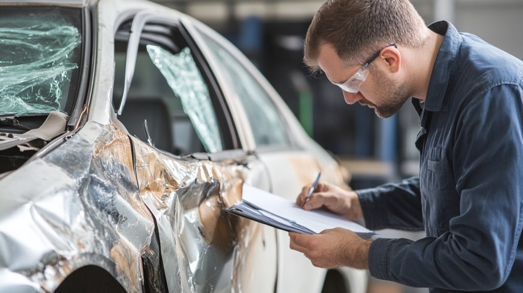 A mechanic closely inspecting a damaged car in a repair shop, writing a repair estimate for insurance purposes.