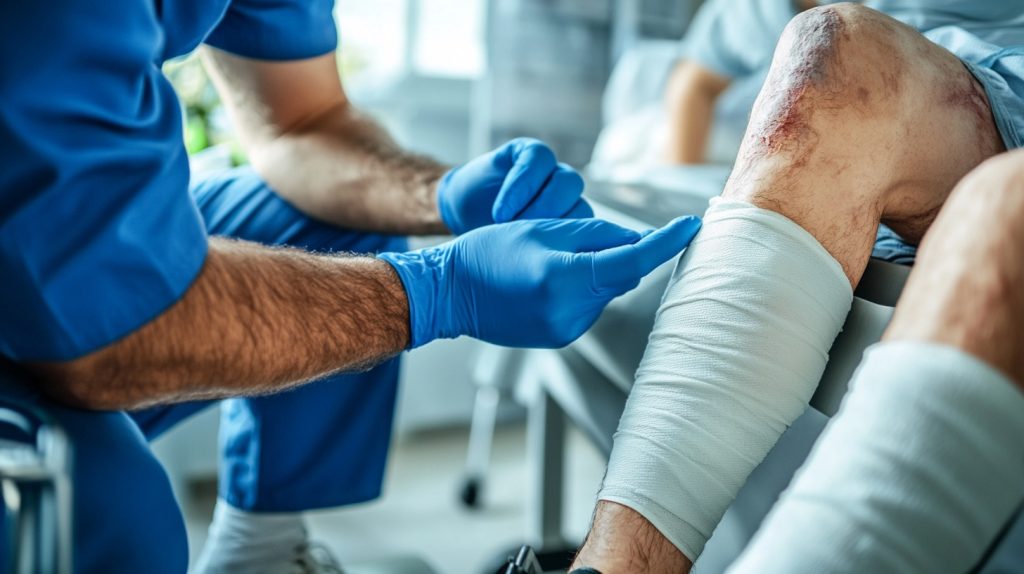 A doctor examining a patient in a clinic to assess injuries sustained in a car accident.