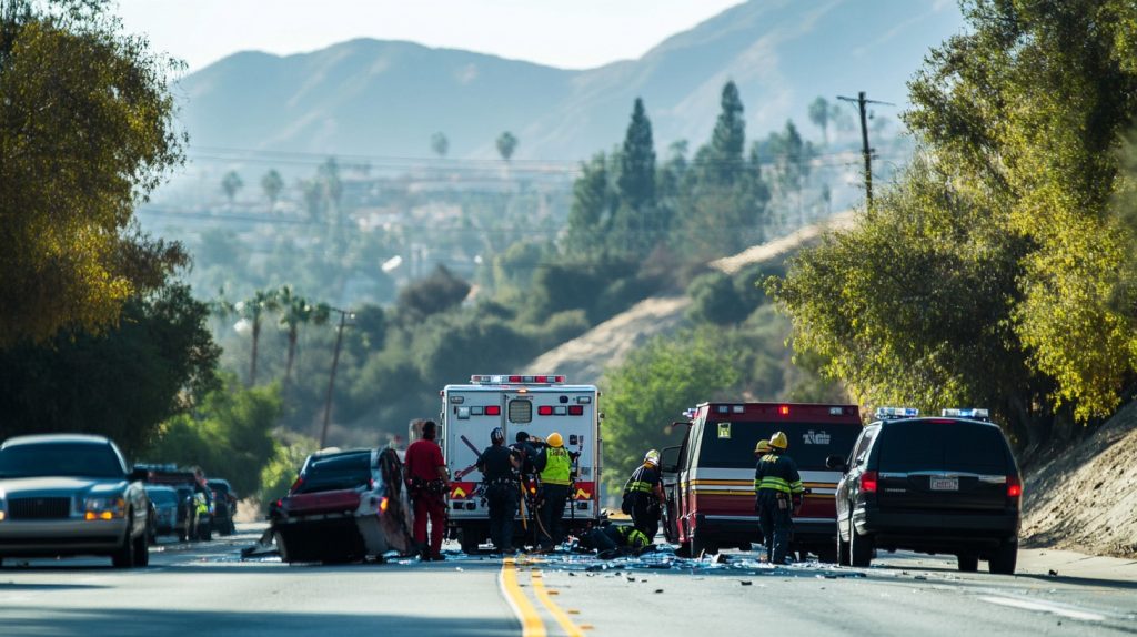 Paramedics assisting an injured individual at the site of a car accident in San Bernardino.