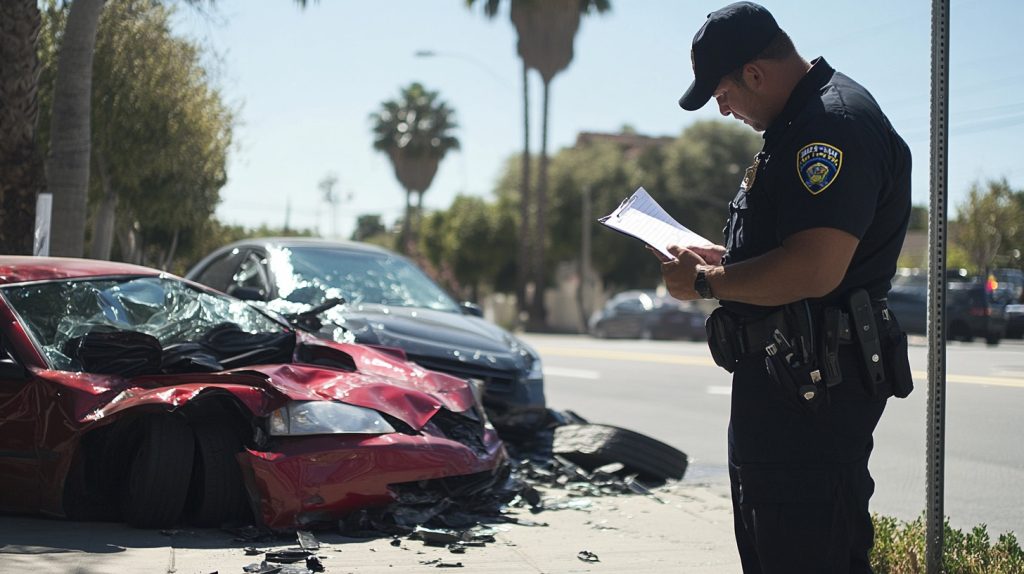 A police officer documenting a car accident with damaged vehicles in the background.