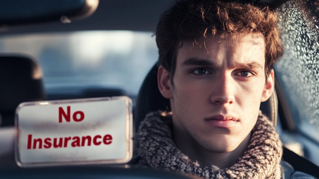 Frustrated driver standing next to a damaged car with a "No Insurance" sign symbolizing uninsured drivers.