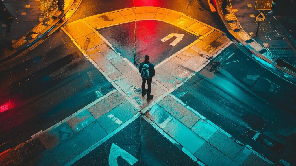 a clear, dynamic composition depicting a confident, professional individual standing at a crossroads, with vibrant signage highlighting different paths symbolizing the various choices in preventing personal injury claim errors.