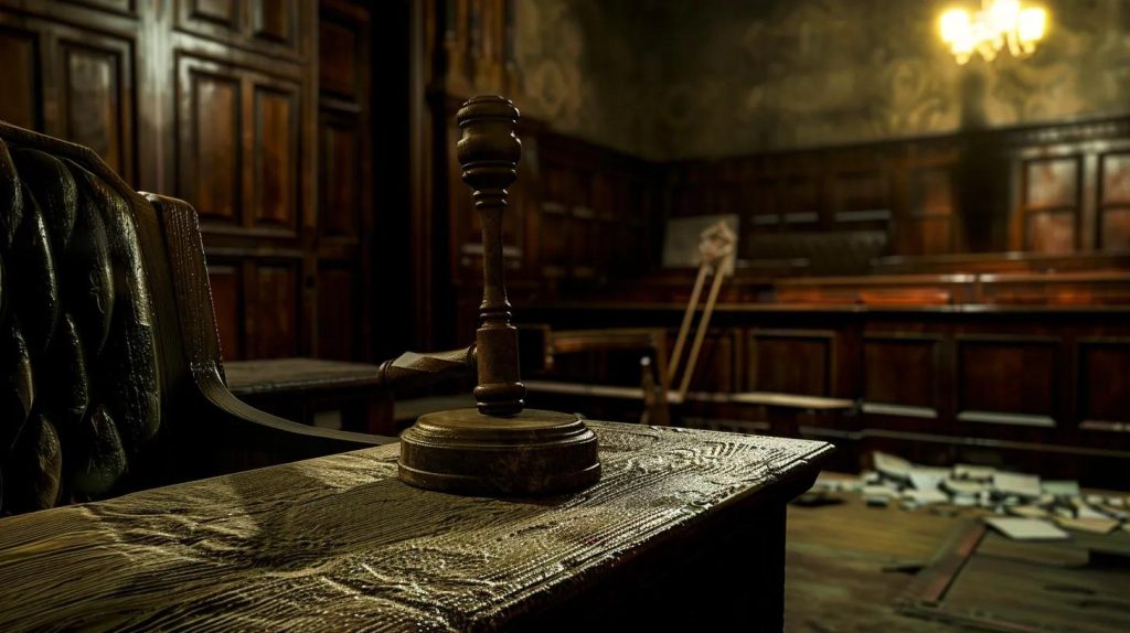 a powerful visual of a gavel striking a wooden bench in a dimly lit courtroom, symbolizing the pursuit of justice in personal injury claims.