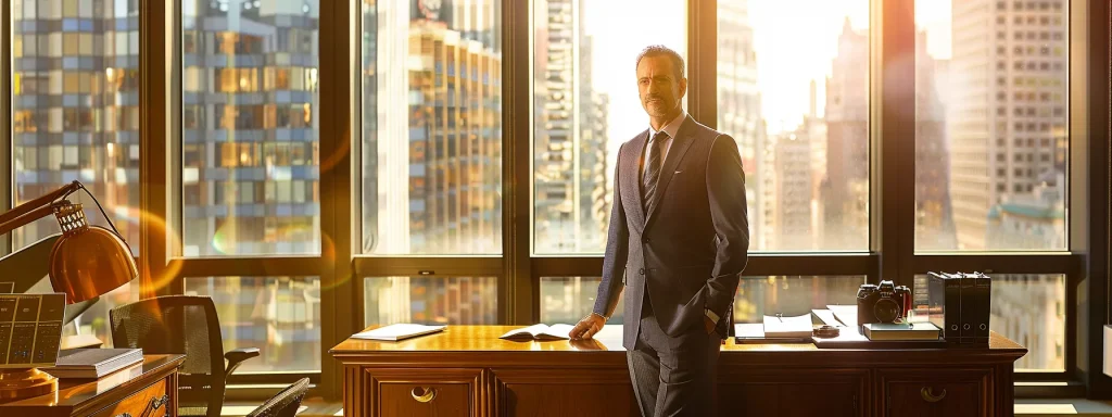 a professional lawyer's office, featuring a well-dressed attorney confidently standing beside a sleek, polished desk adorned with legal books and a vibrant cityscape visible through large windows, bathed in warm, inviting afternoon sunlight.